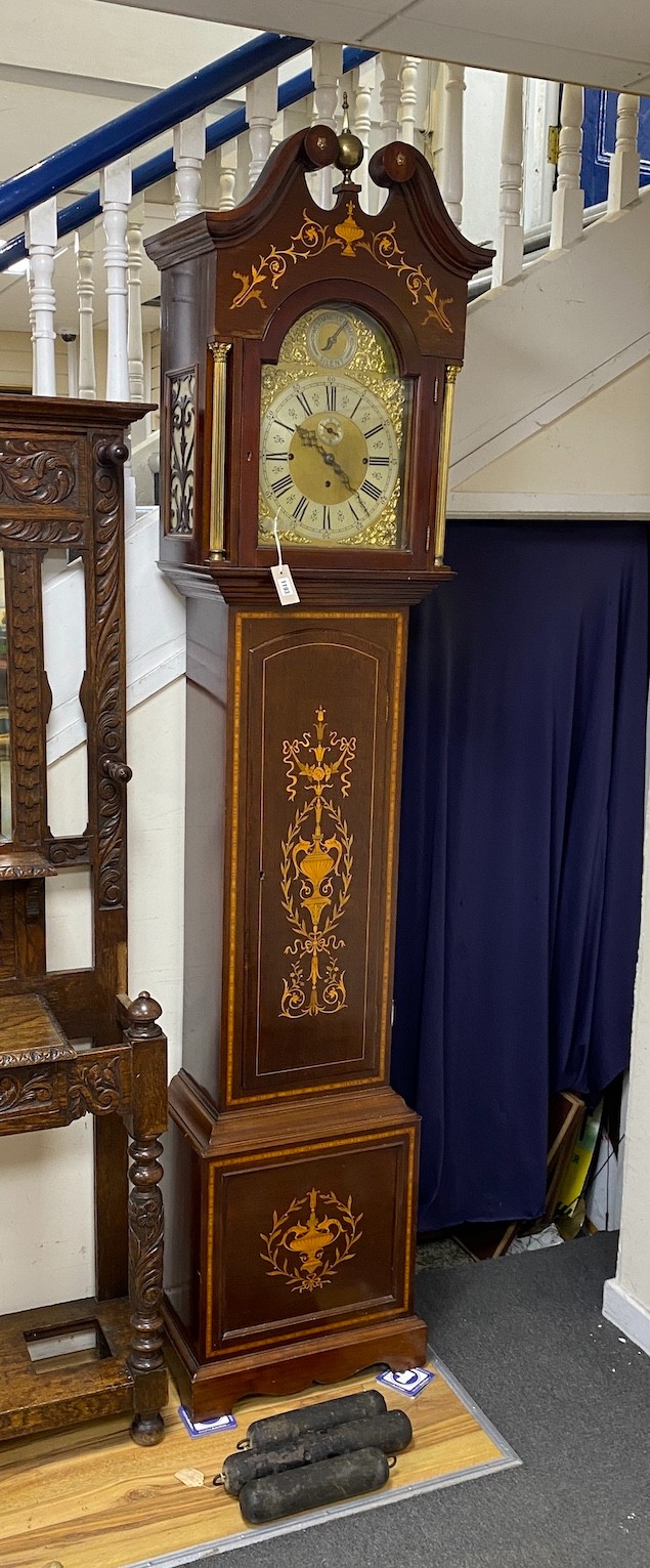 An Edwardian style satinwood banded marquetry inlaid mahogany Westminster chiming 8 day longcase clock, height 246cm